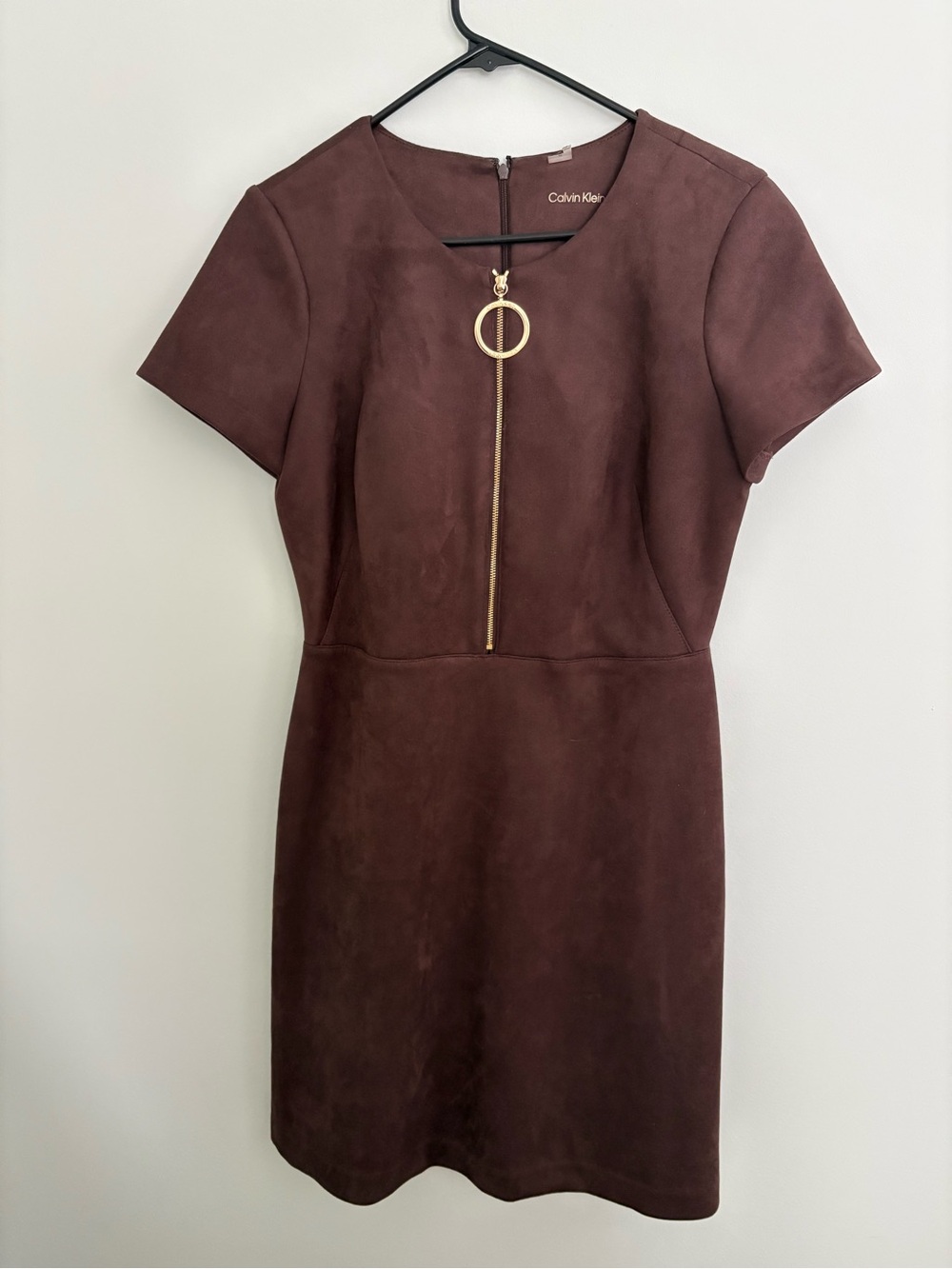 Calvin Klein Chocolate Brown Faux Suede Mini Dress with Gold Ring Zip